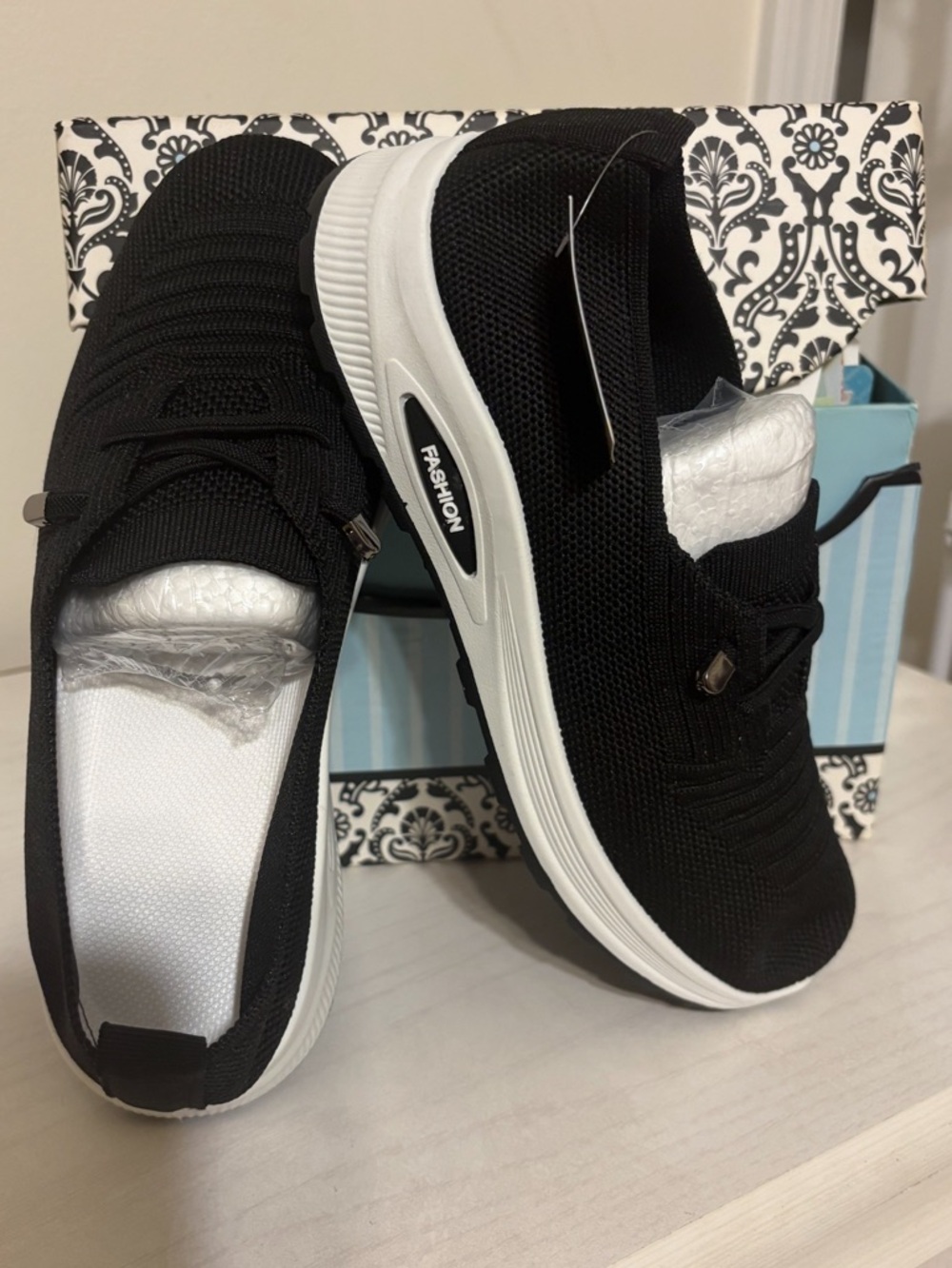 Black Knit Slip-On Women's Sneakers with White Sole -